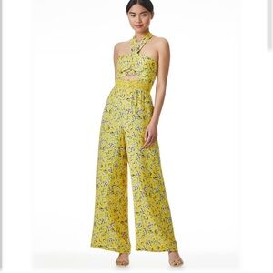 Alice + Olivia Halter Backless Wide Leg Jumpsuit Yellow Floral Smocked Cut Out 8